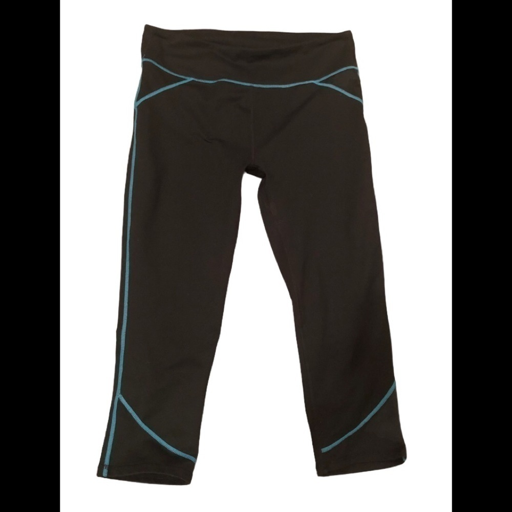 Fabletics Cropped Yoga Pant Sz M Black Blue Trim Active Casual Stretch Work Out